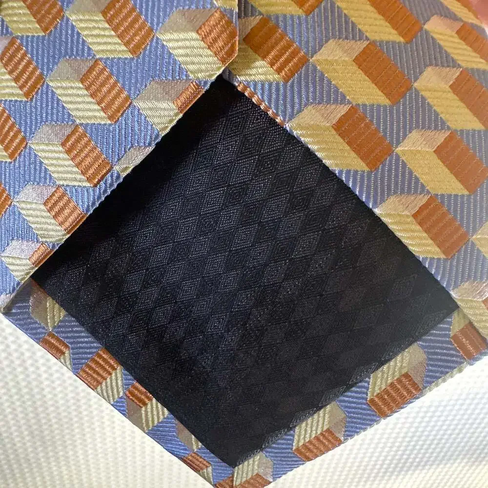 Bocara 100% Silk Handmade Geometric Squares Men's Necktie - Orange and Navy Blue